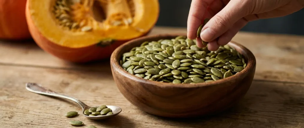 Graines de courge décortiquées, sujet de l’article sur les quantités habituelles, la tolérance digestive et les rappels ciblés.