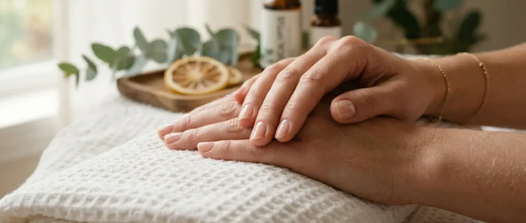 Un ongle légèrement jauni attire l’attention sur les changements de couleur, sans permettre d’en déterminer la cause.