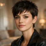 La coupe courte effilée se décline en mèches souples sur le dessus et contours courts, à adapter à la texture des cheveux.