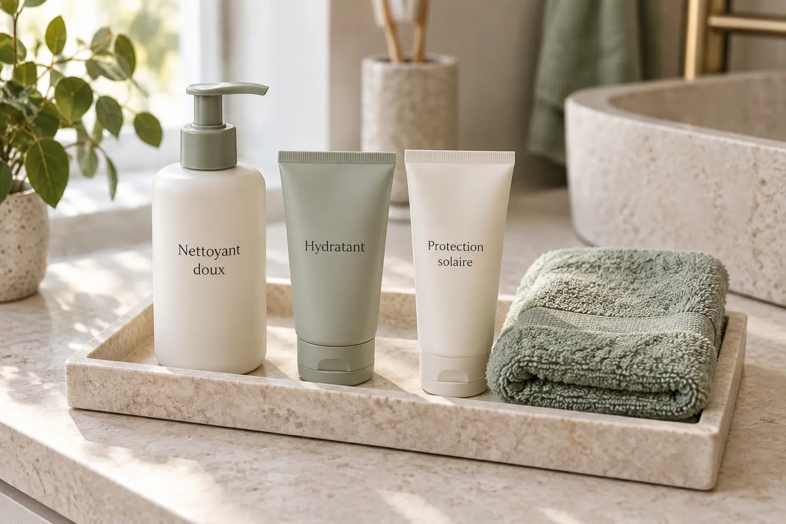 Un nettoyant doux, un hydratant et une protection solaire disposés sur un plateau dans une salle de bain.