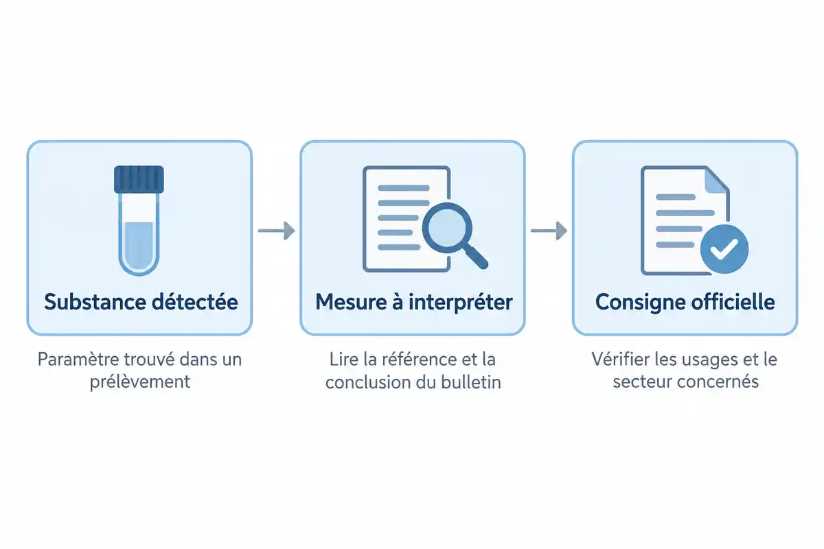 Distinguer la présence d’une substance, l’interprétation de sa mesure et la consigne officielle applicable aux usages.