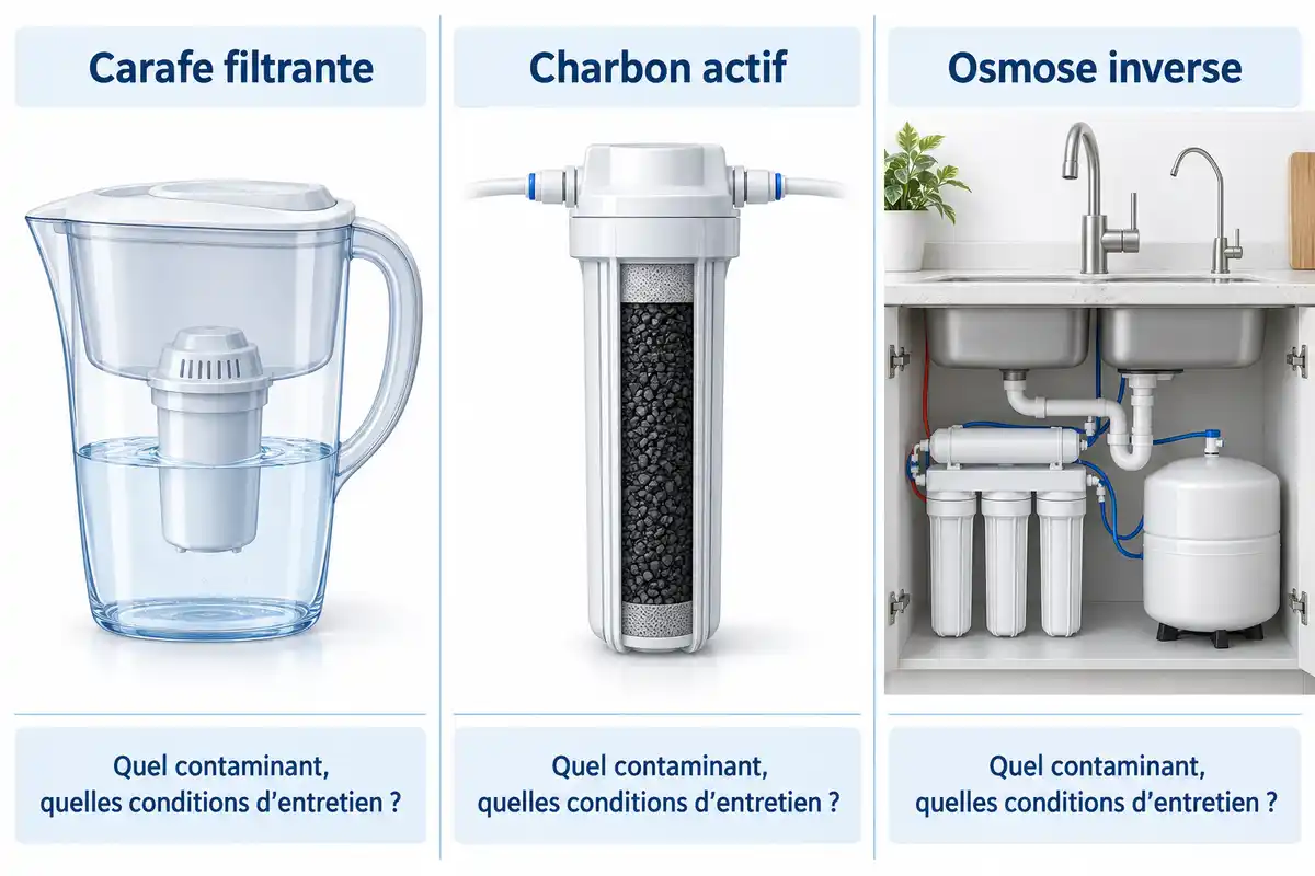 Comparer les filtres selon le contaminant ciblé, leurs conditions d’emploi et l’entretien requis avant de choisir un dispositif.