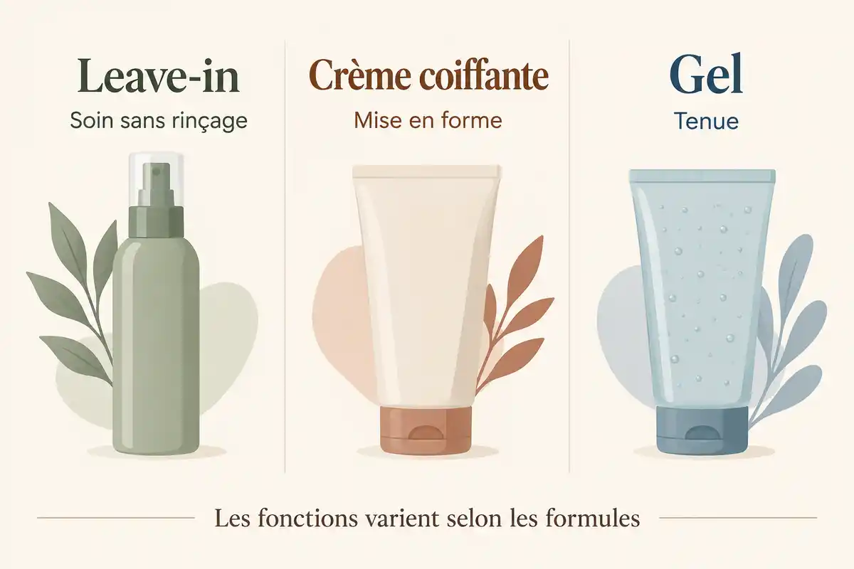 Soin sans rinçage, mise en forme et fixation répondent à des besoins distincts, variables selon la formule.