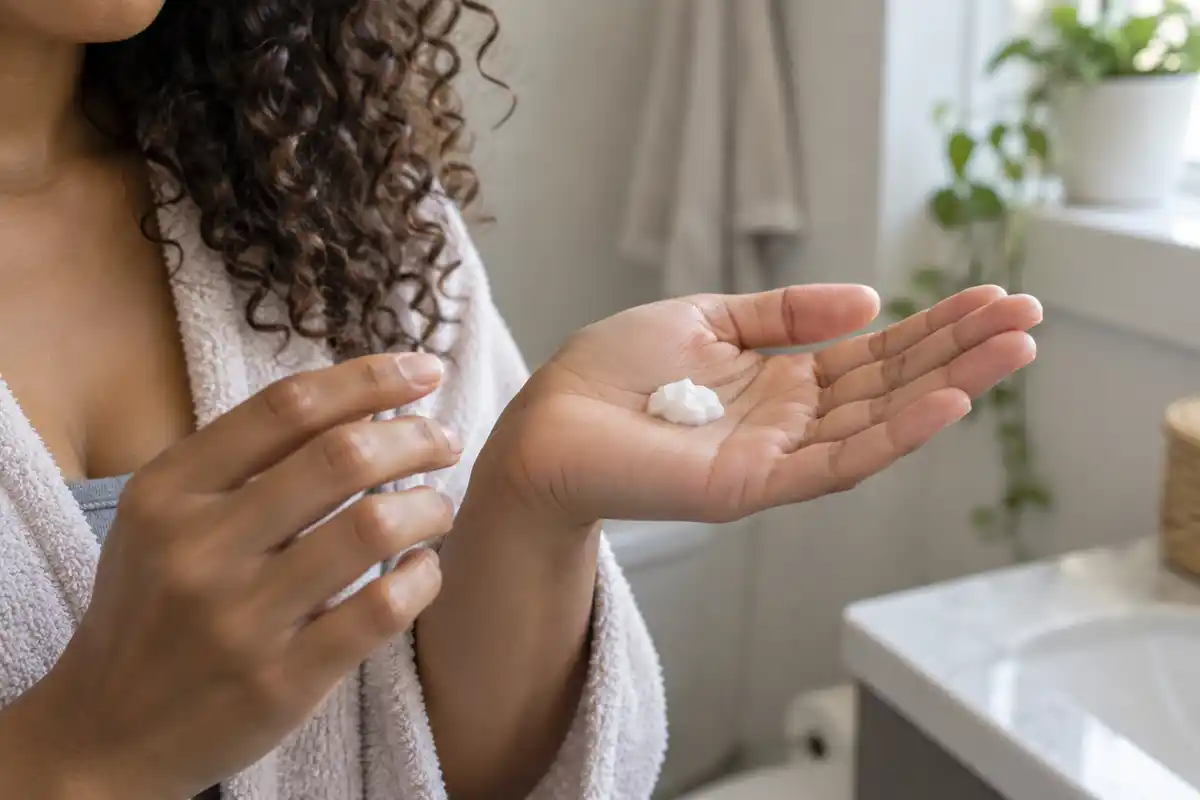 Une petite noisette de crème dans la paume sert de point de départ, à ajuster selon les cheveux et la formule.