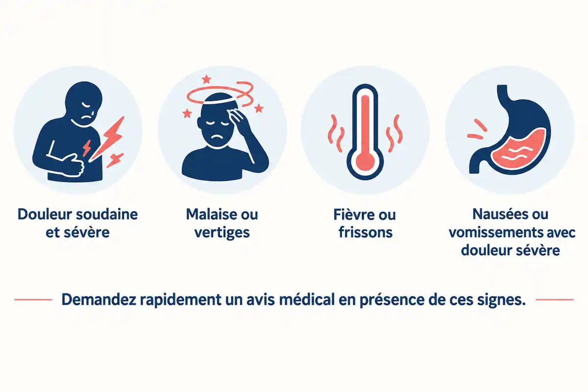 Douleur soudaine et sévère, malaise, fièvre ou vomissements avec douleur sévère sont des signes qui appellent un avis médical rapide.