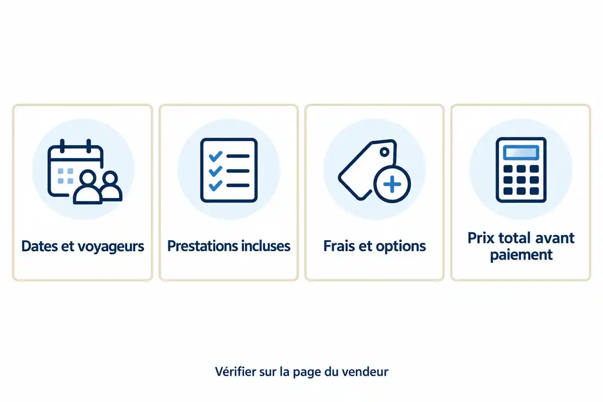 Avant de réserver, comparez le total pour vos dates et voyageurs, les prestations incluses, puis les frais et options éventuels.