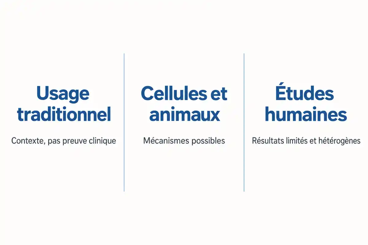 L’usage traditionnel et les résultats sur cellules ou animaux ne suffisent pas à établir un bénéfice cognitif général chez l’humain.
