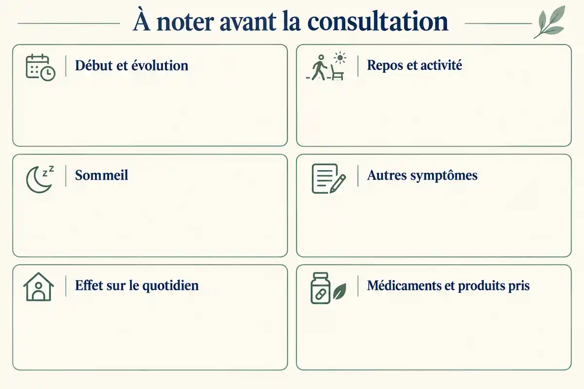 Avant une consultation pour fatigue, noter son évolution, le sommeil, les symptômes, l’impact quotidien et les produits pris aide à préparer l’échange.