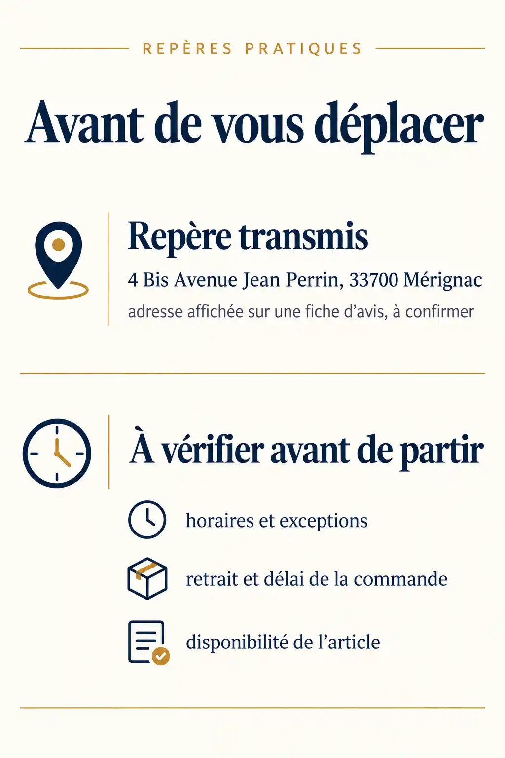 Infographie verticale sur une adresse à confirmer et les éléments à vérifier avant de partir : horaires, commande et disponibilité de l’article.