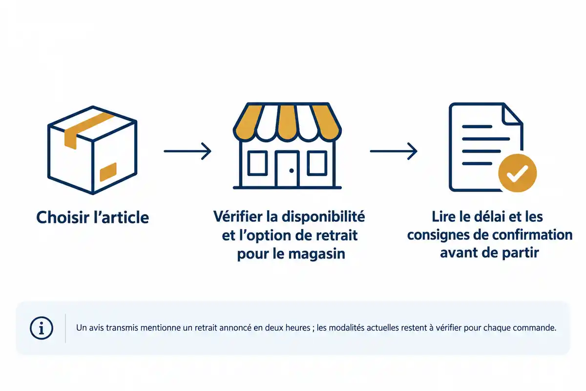 Parcours en trois étapes pour choisir un article, vérifier les modalités de retrait en magasin et lire les consignes de confirmation.