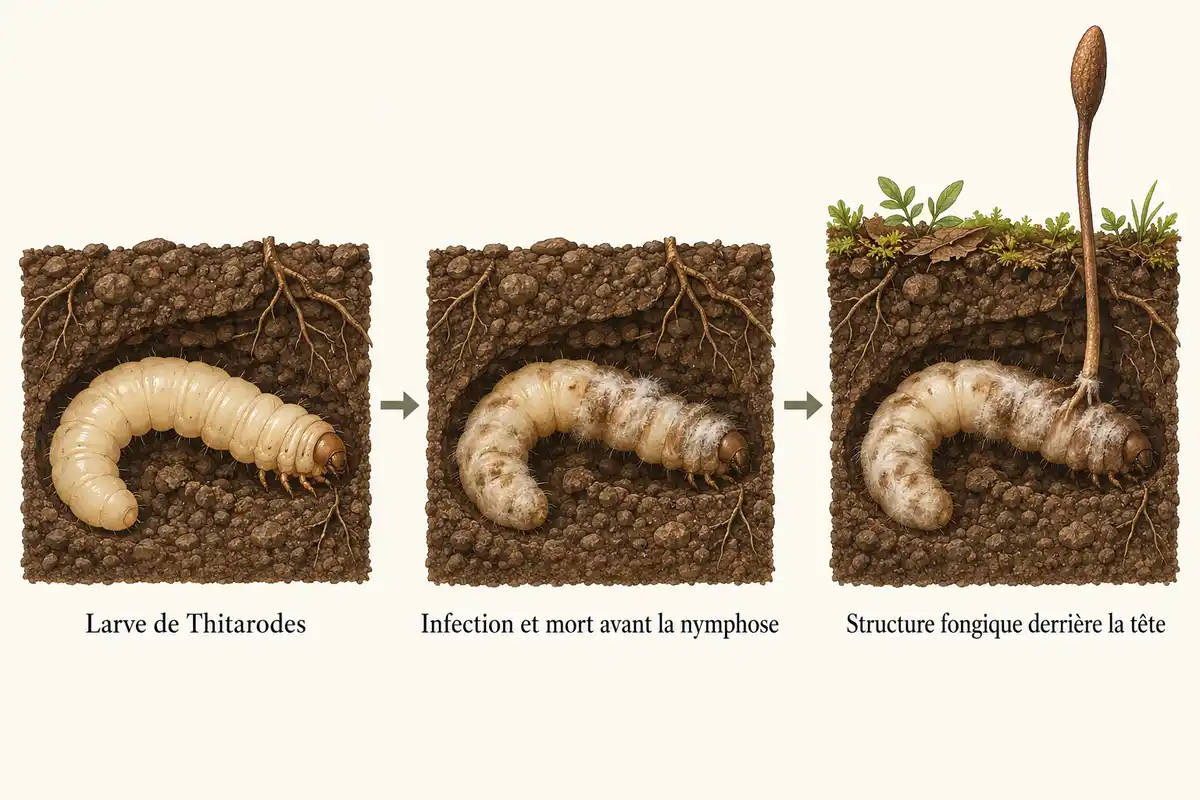 Chez Ophiocordyceps sinensis, la larve de Thitarodes infectée meurt avant la nymphose, puis une structure fongique émerge derrière sa tête.