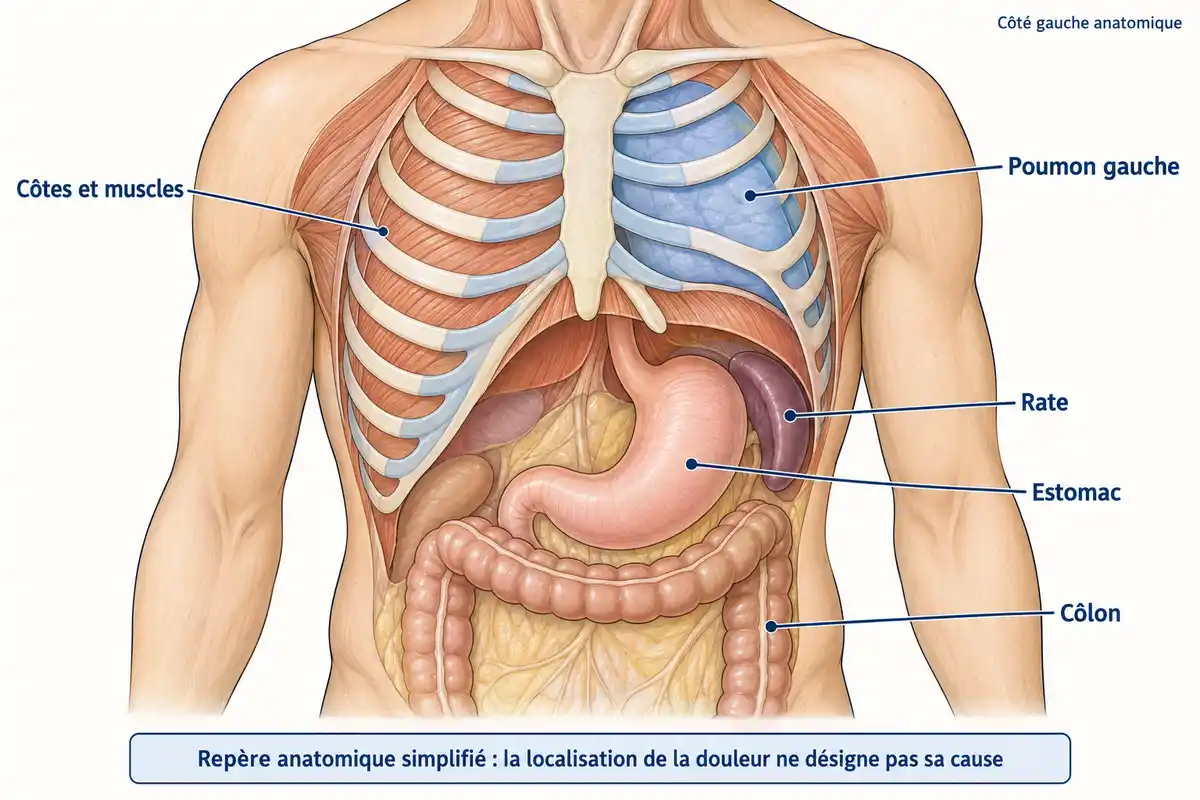 Sous les côtes gauches, la paroi et plusieurs structures abdominales ou thoraciques voisines peuvent être concernées par la douleur.