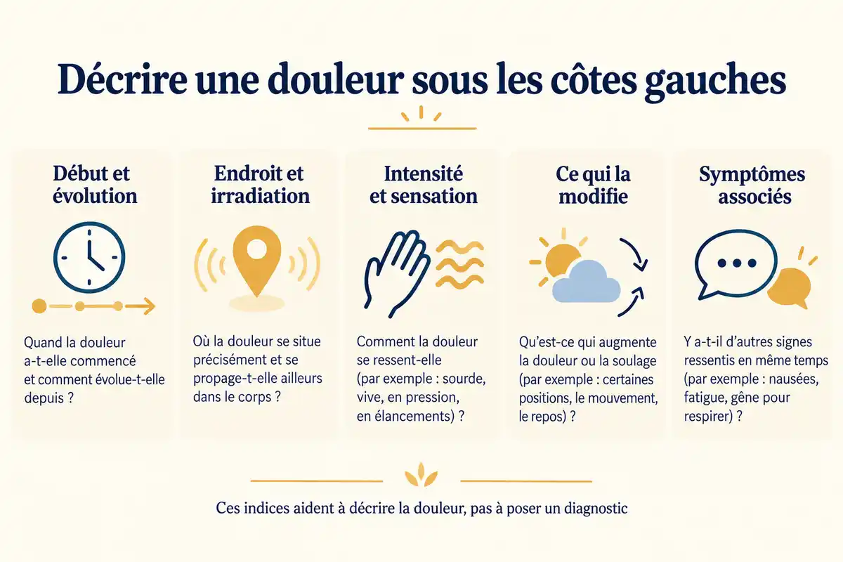 Décrire le début, l’emplacement, l’évolution et les symptômes associés aide à présenter la douleur au professionnel de santé.