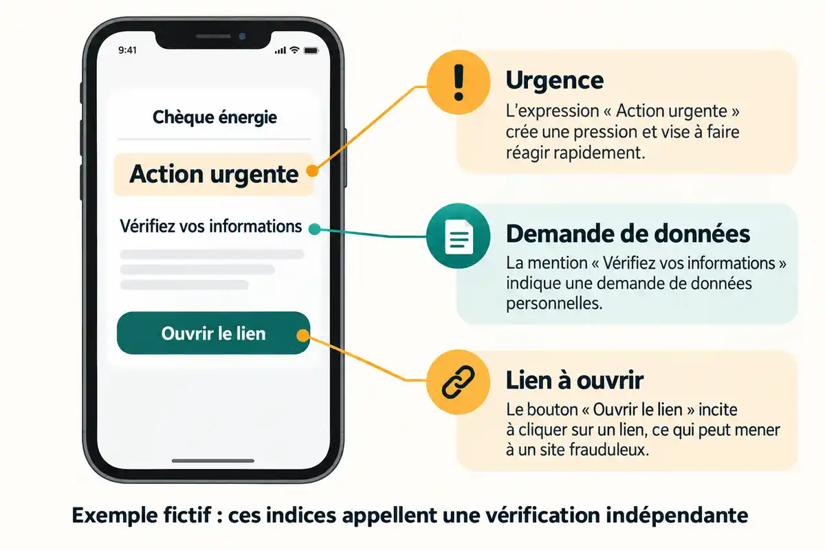 Urgence, lien à ouvrir et demande de données sont des indices qui appellent une vérification indépendante, sans prouver à eux seuls l’origine du message.