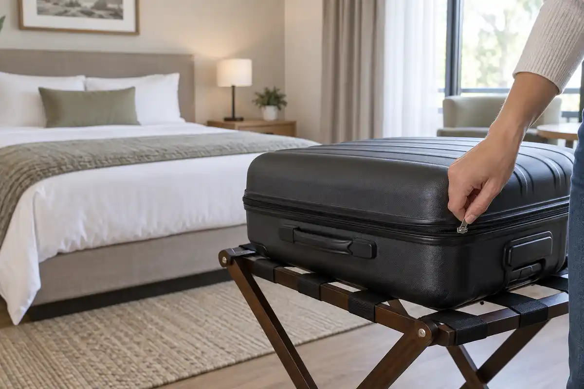 Garder la valise Ă distance du lit accompagne la vĂ©rification des bagages et des vĂȘtements pendant un sĂ©jour.
