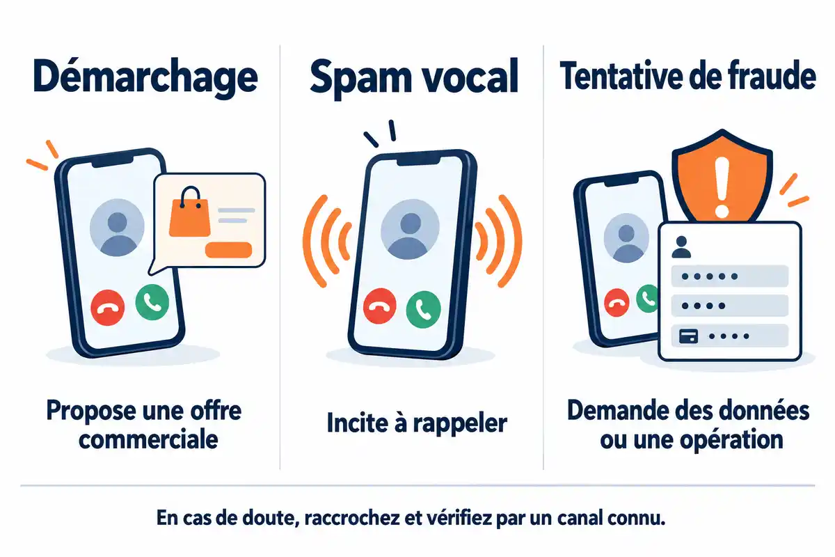 Une offre commerciale, une incitation Ă rappeler et une demande de donnĂ©es ou dâopĂ©ration correspondent Ă trois scĂ©narios distincts, Ă vĂ©rifier en cas de doute.