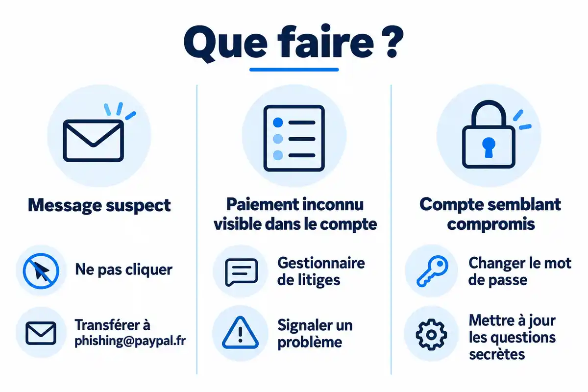 Message suspect, paiement inconnu et compte compromis appellent des démarches différentes : signaler, déclarer l’opération ou sécuriser l’accès.