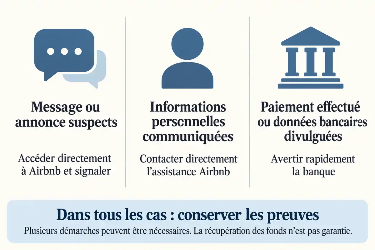 Selon les données ou le paiement transmis, contacter Airbnb ou la banque ; conserver les preuves dans tous les cas.