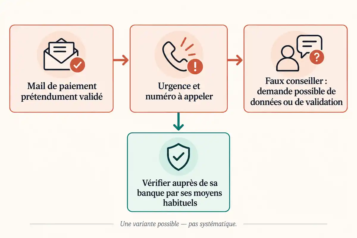 Le faux mail mène à une urgence d’appel, puis à une possible demande de données ; interrompre le contact permet de vérifier séparément auprès de sa banque.