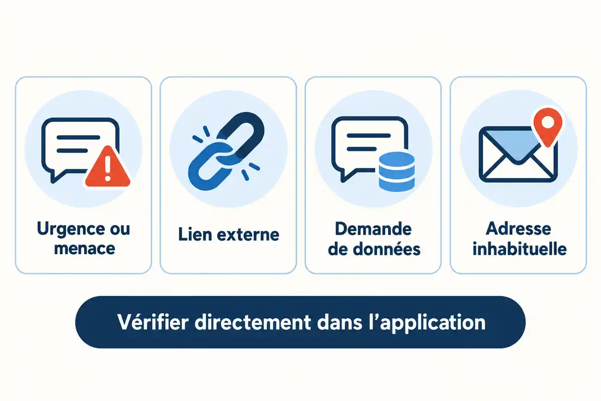 Urgence, lien externe, demande de données ou adresse inhabituelle alertent sur un message ; vérifiez la demande en ouvrant l’application.