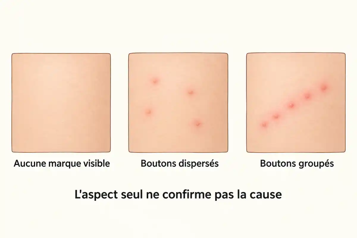 Une rĂ©action cutanĂ©e peut ĂȘtre absente, dispersĂ©e ou groupĂ©e ; son apparence seule ne permet pas dâen dĂ©terminer la cause.