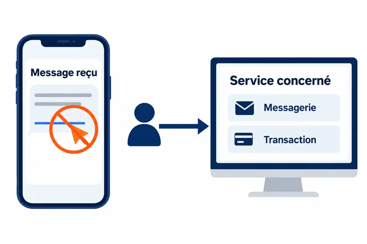 Un message reçu sollicite une action, tandis que la transaction se vérifie directement dans le service concerné, sans suivre le lien reçu.