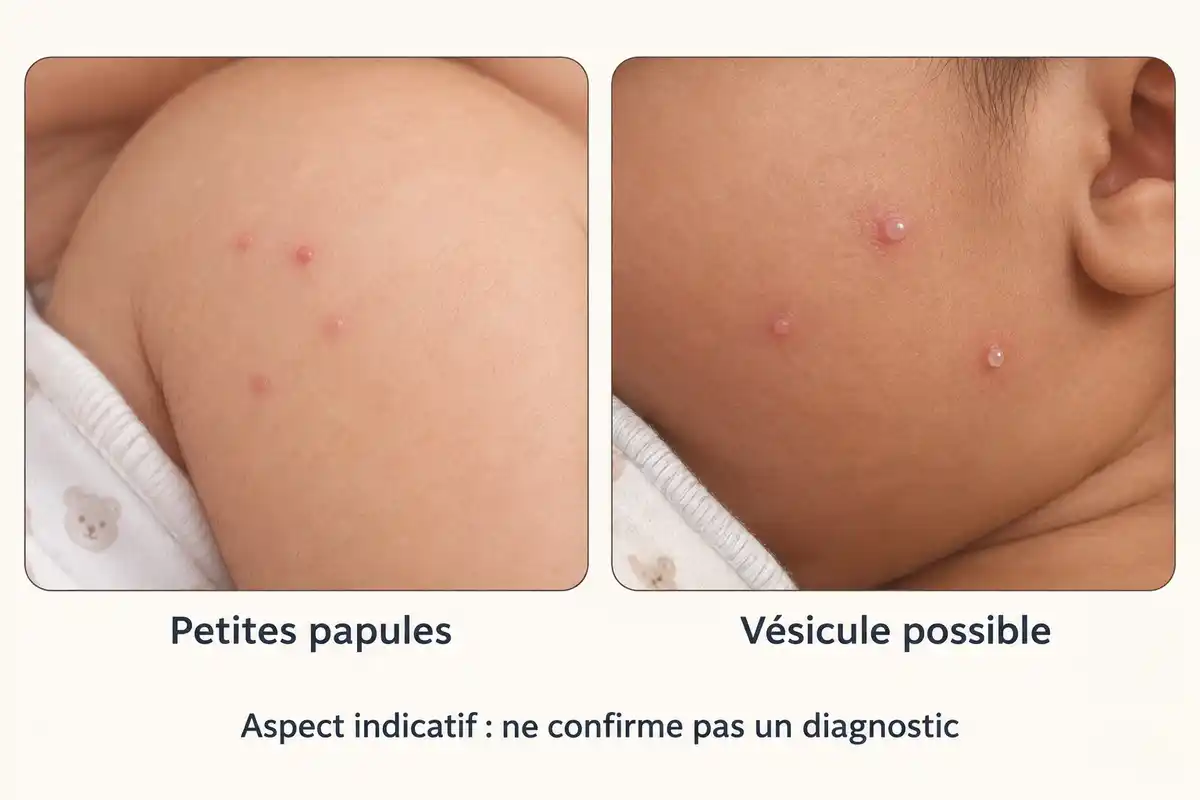 Petites papules rosĂ©es ou rouges, parfois accompagnĂ©es dâune vĂ©sicule claire : des aspects possibles qui ne confirment pas la cause.