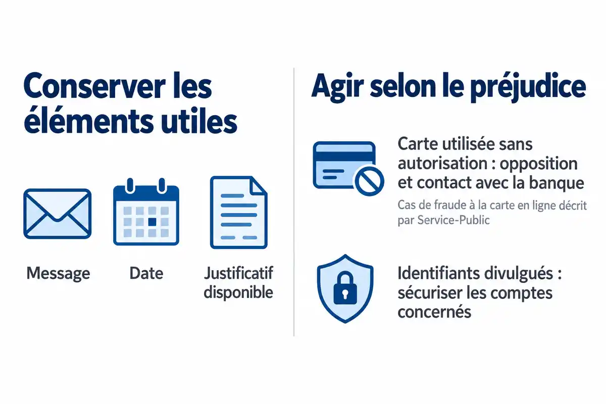 AprÚs une fraude, conservez les éléments utiles et agissez selon le préjudice : opposition pour la carte, sécurisation des comptes divulgués.