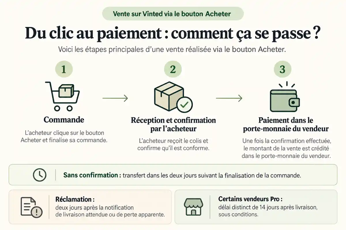 Pour une vente Vinted via le bouton Acheter, le parcours relie commande, réception et paiement, avec des délais soumis à des conditions distinctes.
