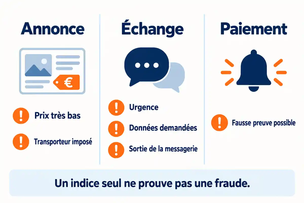 Les signaux Ă vĂ©rifier peuvent apparaĂźtre dans lâannonce, lâĂ©change ou le paiement ; aucun indice isolĂ© ne suffit Ă prouver une fraude.