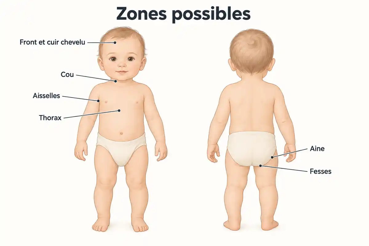 Front, cuir chevelu, cou, aisselles, thorax, aine et fesses : des zones oĂč des boutons peuvent apparaĂźtre, sans ĂȘtre toutes touchĂ©es.