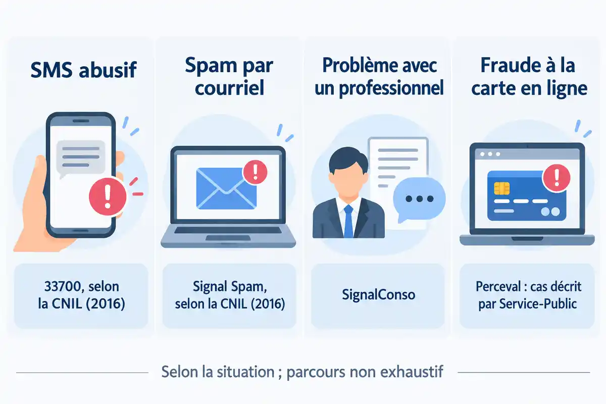Le signalement varie selon la situation : SMS, courriel, litige avec un professionnel ou achats en ligne par carte non autorisés.