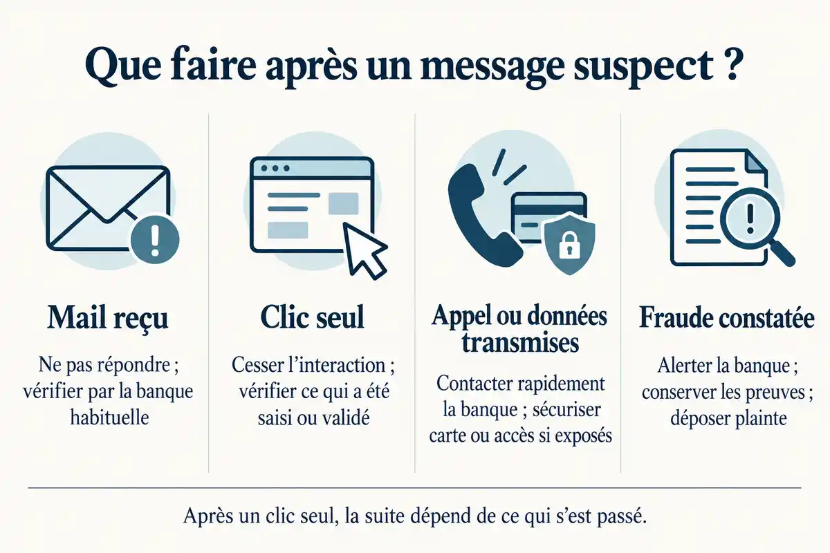 Réception, clic, échange de données ou fraude constatée appellent des réactions distinctes, adaptées à ce qui s’est réellement passé.