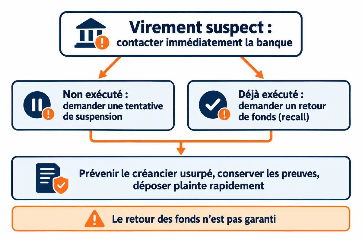 Après un virement suspect, la démarche dépend de son état : demander une suspension s’il est en cours, un retour de fonds s’il est exécuté.