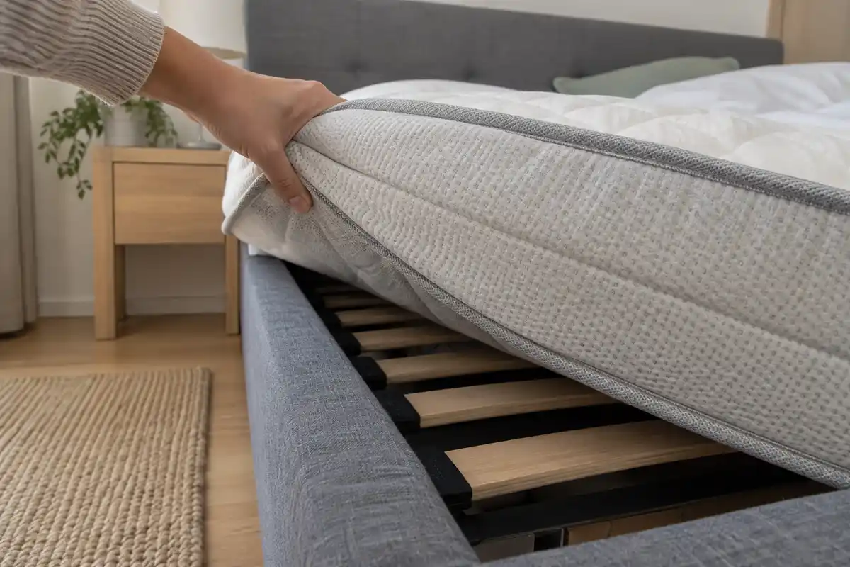 Soulever le bord du matelas permet dâexaminer coutures et recoins prĂšs du sommier lors dâune inspection du couchage.