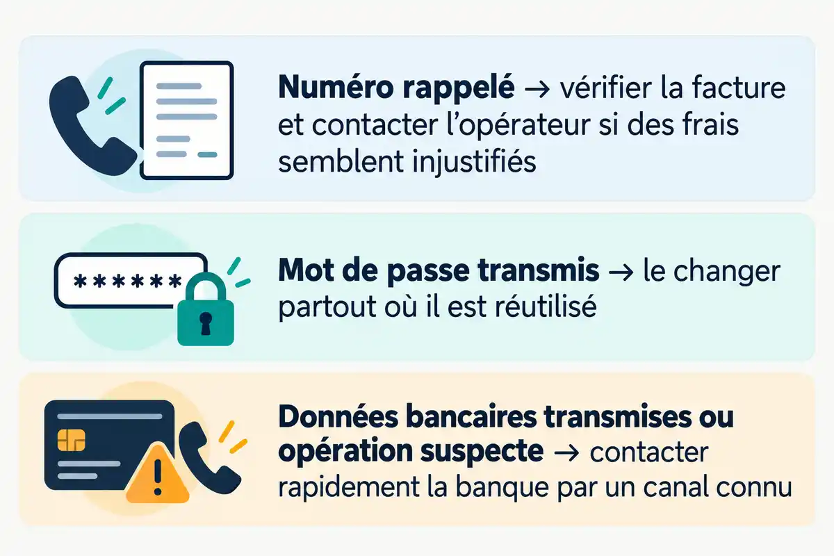 NumĂ©ro rappelĂ©, mot de passe transmis ou donnĂ©es bancaires communiquĂ©es : chaque situation appelle une dĂ©marche adaptĂ©e, Ă vĂ©rifier auprĂšs de lâorganisme concernĂ©.