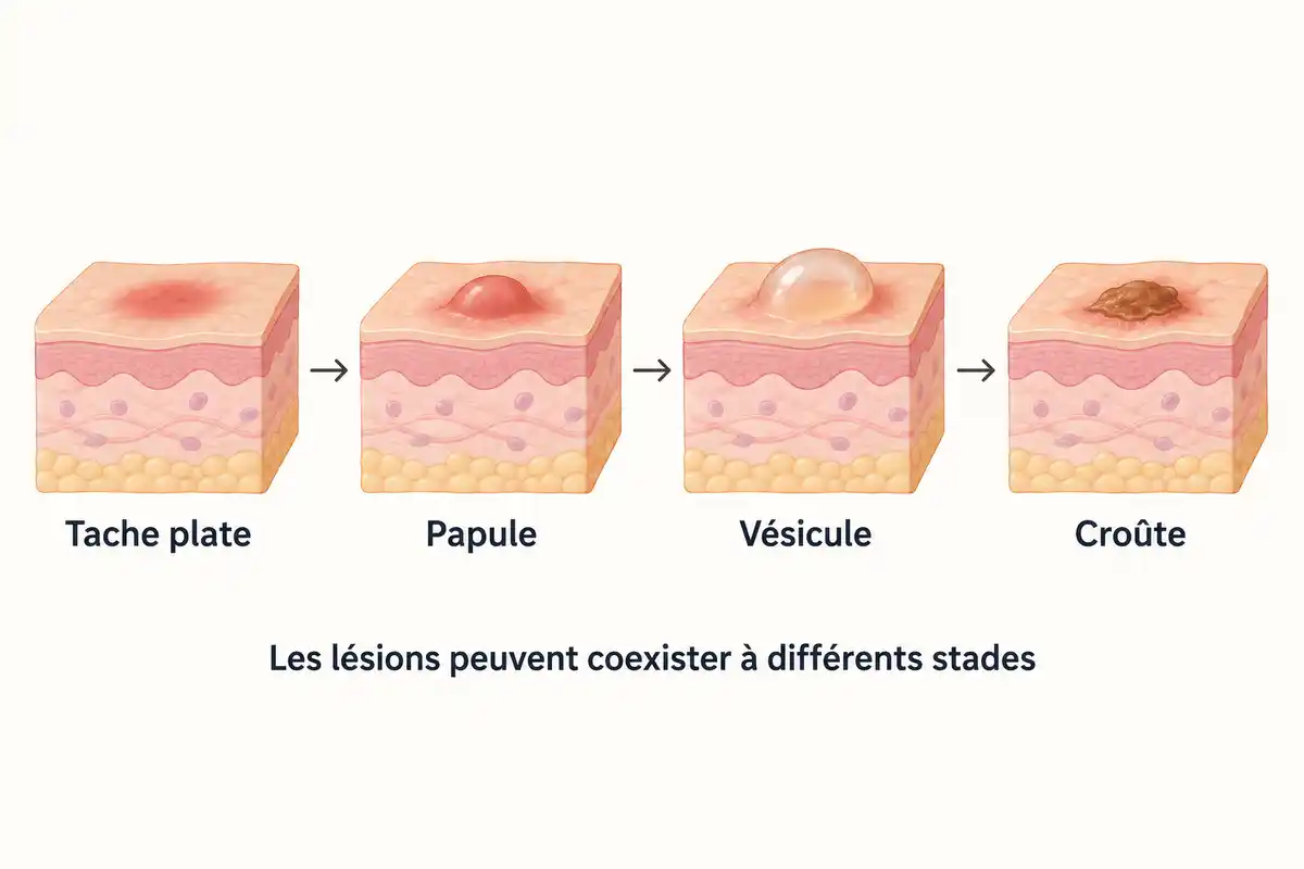 Tache plate, papule, vésicule puis croûte : une lésion évolue dans cet ordre, tandis que d’autres boutons peuvent être à des stades différents.