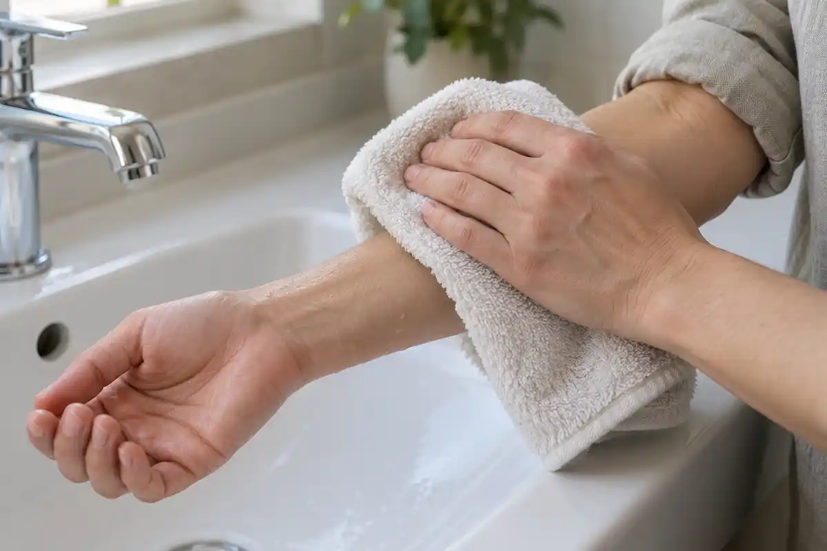 Après la toilette, une serviette absorbe doucement l’eau sur l’avant-bras par tamponnement, sans frotter la peau.