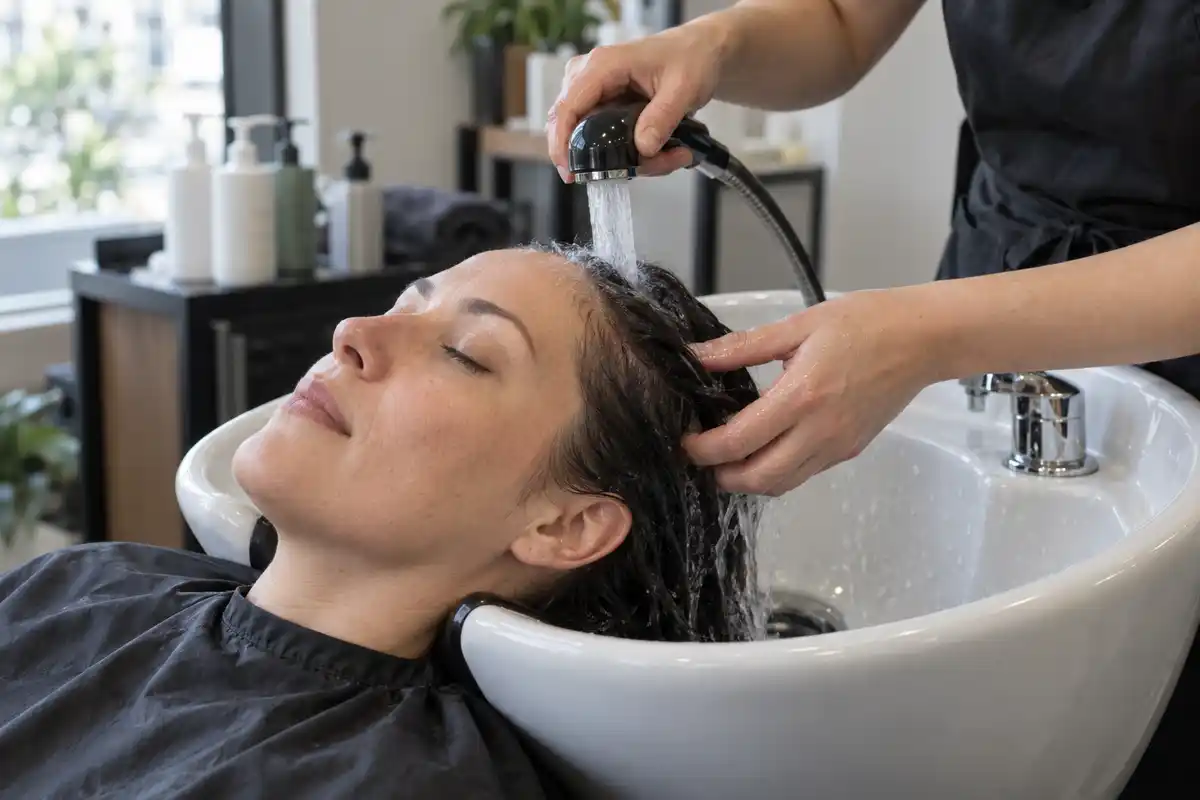 Écarter les mèches sous un filet d’eau permet de rincer soigneusement les racines après un shampooing ou un soin.