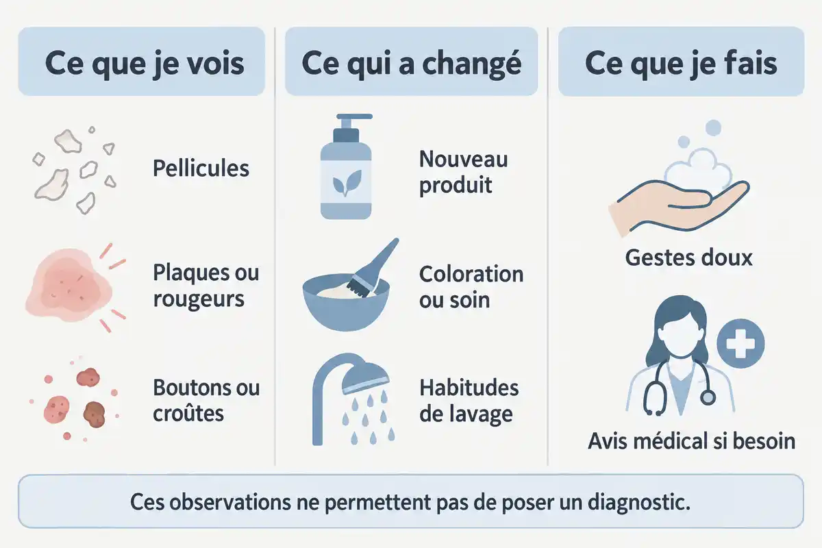 Observer les signes et les changements récents aide à décrire les démangeaisons, puis à choisir des gestes doux ou à demander un avis médical.