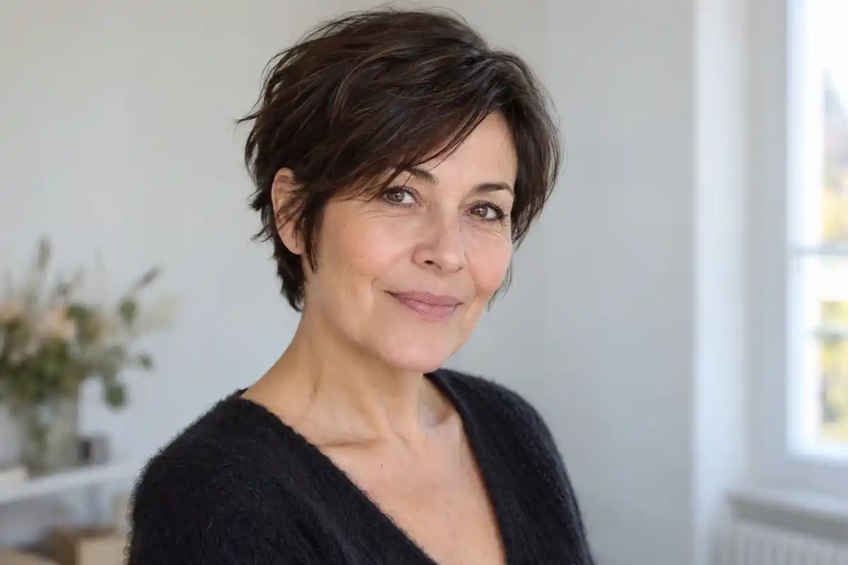 Bixie brun foncé courte et dégradée, plus longue autour du visage et de la nuque qu’une pixie très courte, avec les oreilles partiellement visibles.