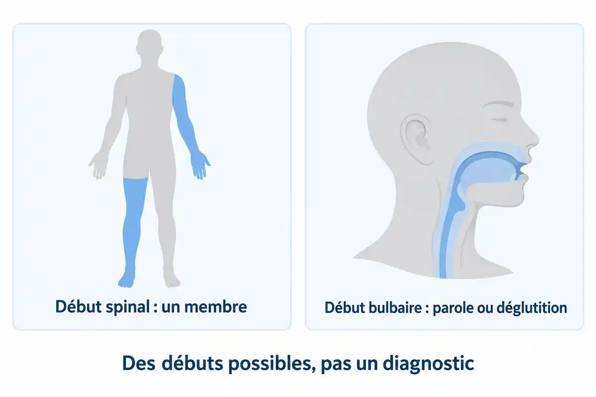 Les débuts possibles de la SLA peuvent toucher un membre ou la parole et la déglutition ; ces formes ne suffisent pas à poser un diagnostic.