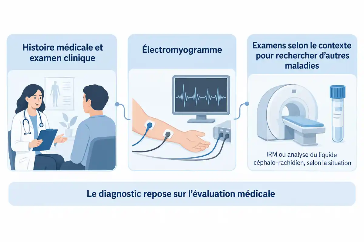 LâĂ©valuation mĂ©dicale associe histoire et examen cliniques, Ă©lectromyogramme et examens complĂ©mentaires adaptĂ©s pour rechercher dâautres maladies.
