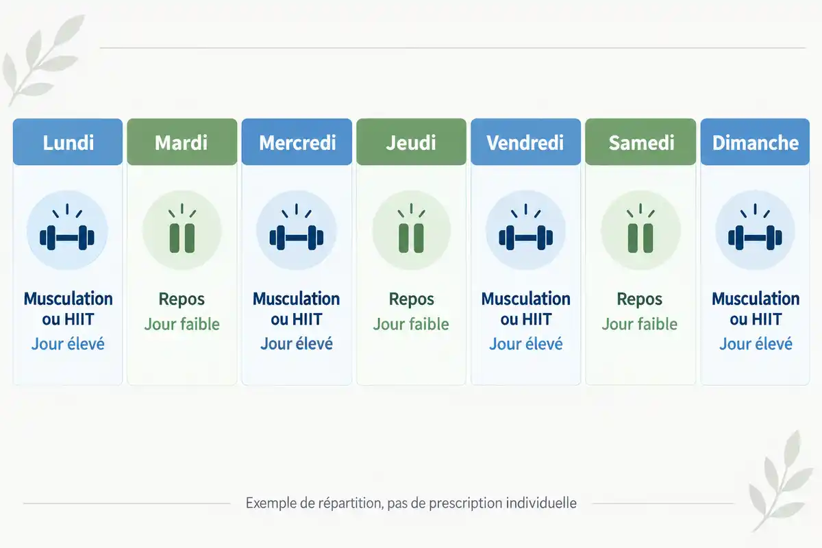 L’exemple WW alterne quatre jours d’entraînement dits élevés et trois jours de repos dits faibles sur la semaine.