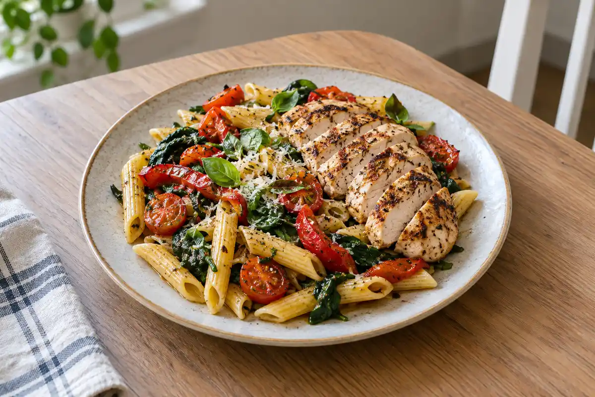 Un repas de pâtes, légumes et protéines illustre une option complète pour une journée d’entraînement, sans portion calculée.