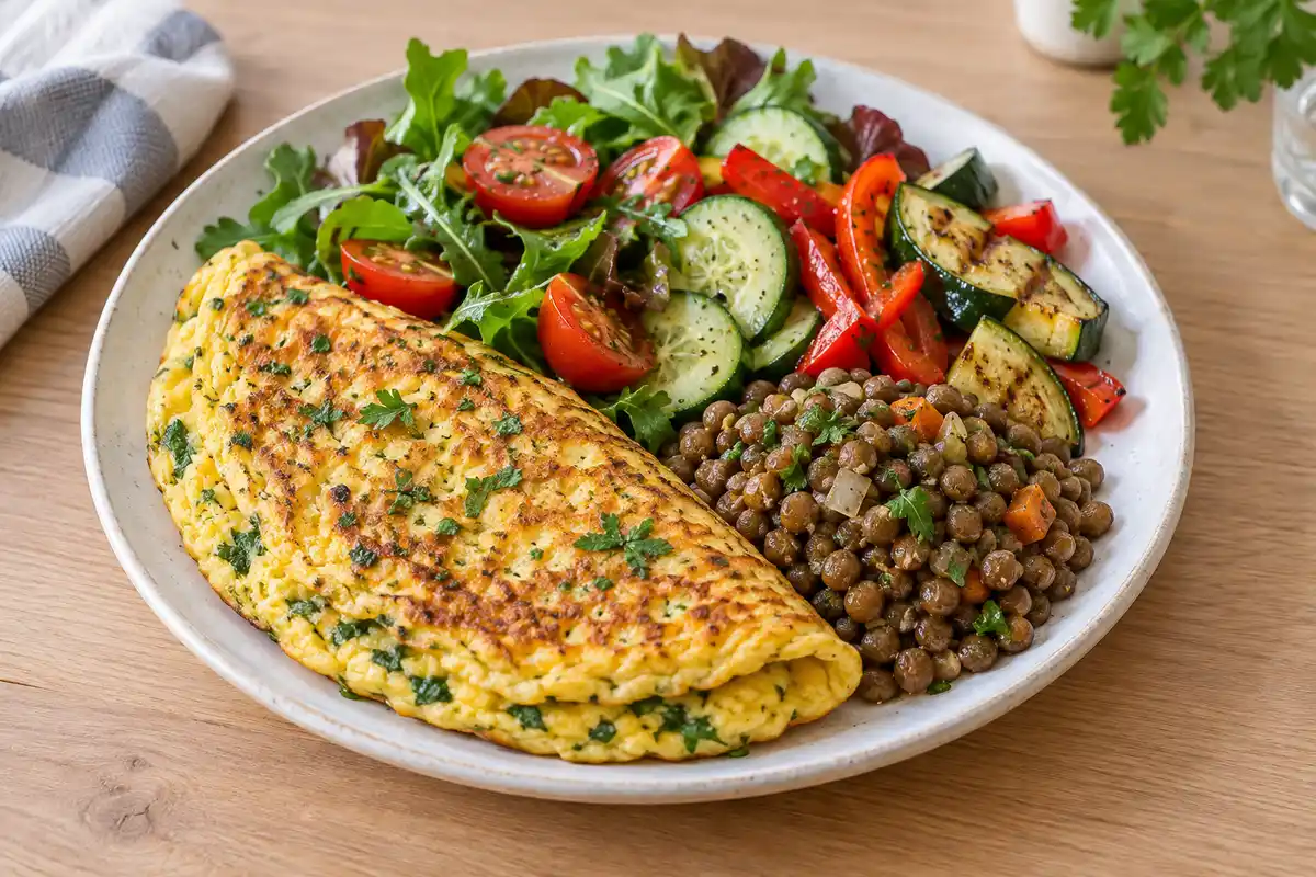 Omelette, lentilles et légumes composent un repas complet pour une journée relativement plus faible en glucides.