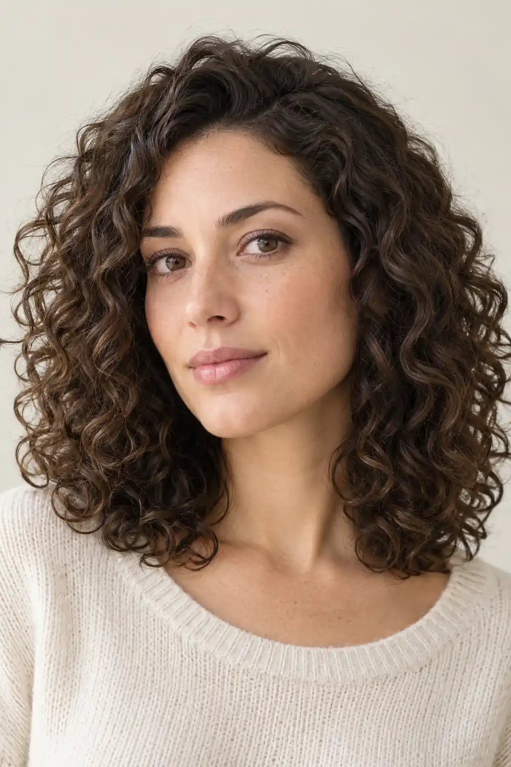 Des boucles définies jusqu’aux épaules gardent leur forme sur toute la longueur, avec des pointes visuellement légères sans zones clairsemées.