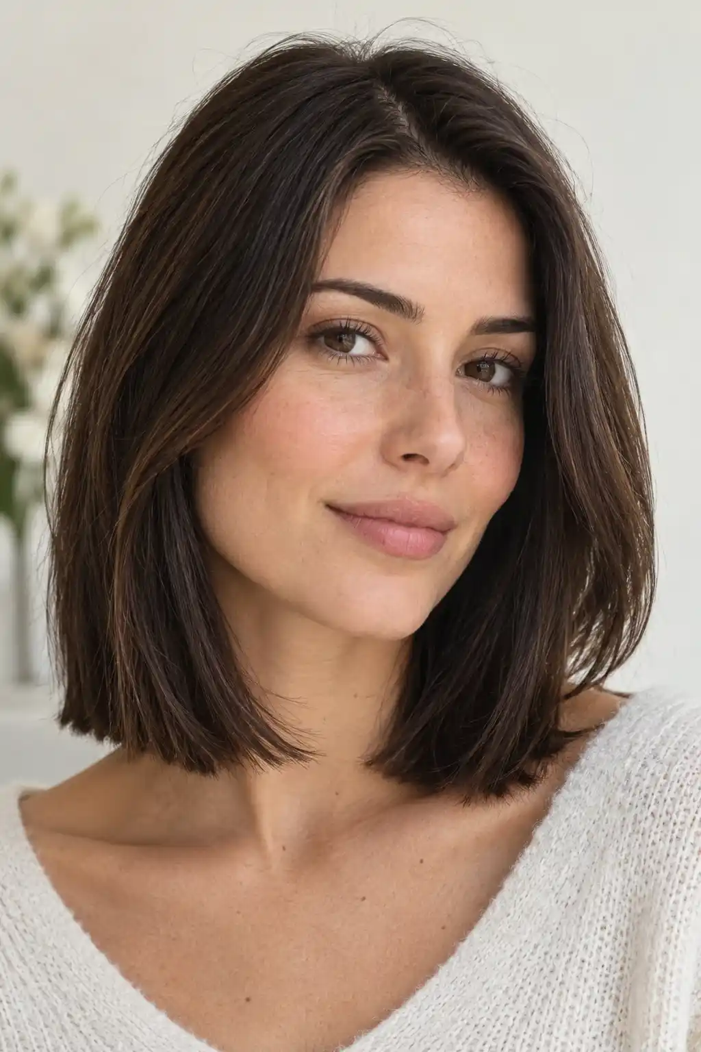 Un carré long lisse conserve un contour net autour des épaules, tandis que ses pointes légèrement affinées en adoucissent les extrémités.